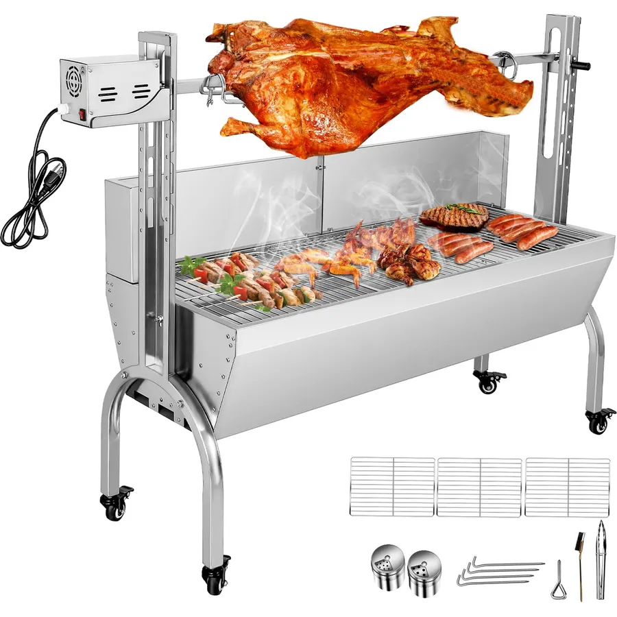 Rotisserie Grill With Wind Screen, Stainless Steel Charcoal Spit, Electric Pig Rotisserie Machine, 176LBS/80KG BBQ Grill for Pig Roasting, Camping & Backyard Use