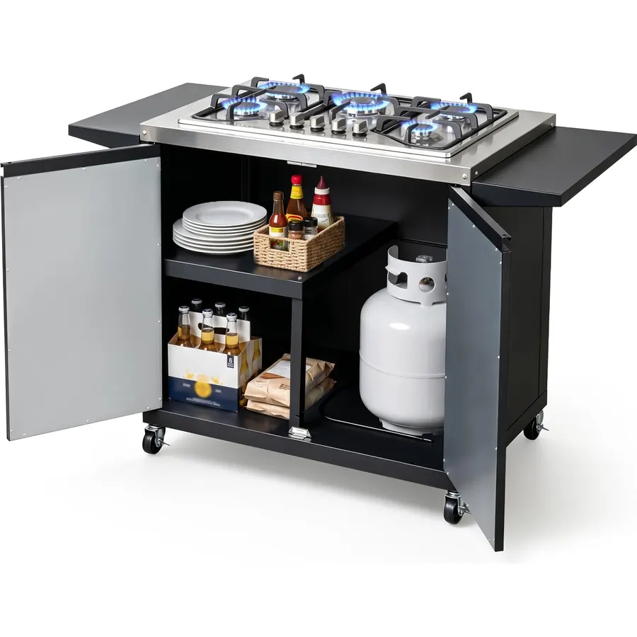 ROVSUN 5 Burner Propane Stove with Storage Cabinet & Side Shelves, Portable Outdoor Gas Burner with Auto-ignition, Regulator & Wheels for Backyard Kitchen Patio Cooking Brewing Frying