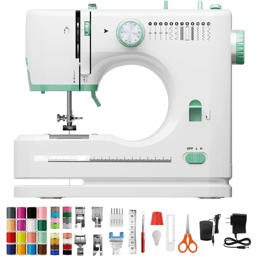 Best Choice Products Compact Sewing Machine, 42-Piece Beginners Kit, Multifunctional Portable 6V for Beginner w/ 12 Stitch Patterns, Light, Foot Pedal, Storage Drawer - Gray/White