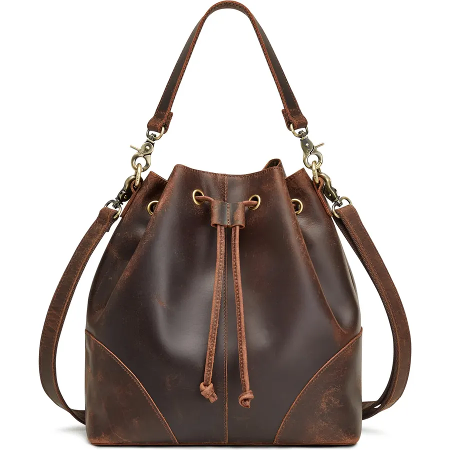 Kattee Woven Genuine Leather Bucket Bags for Women, Drawstring Crossbody Hobo Purses and Shoulder Handbags with 2 Detachable Straps, Brown