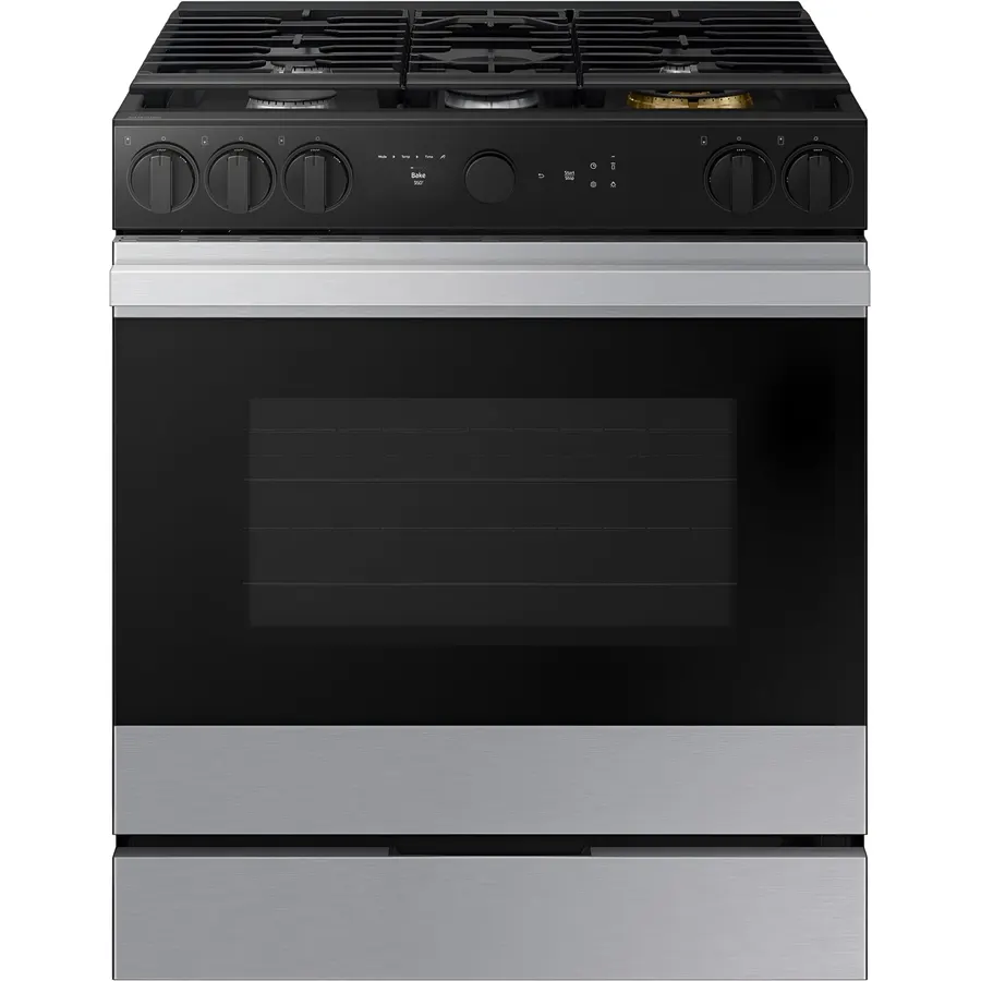 Samsung BESPOKE 30" Smart Slide-In Gas Range with 6.0 cu ft Convection+ Oven, 5 Burners including 18K BTU Brass Burner, Air Fry & Air Sous Vide, Wi‑Fi SmartThings, Stainless Steel – NSG6DG8500SR