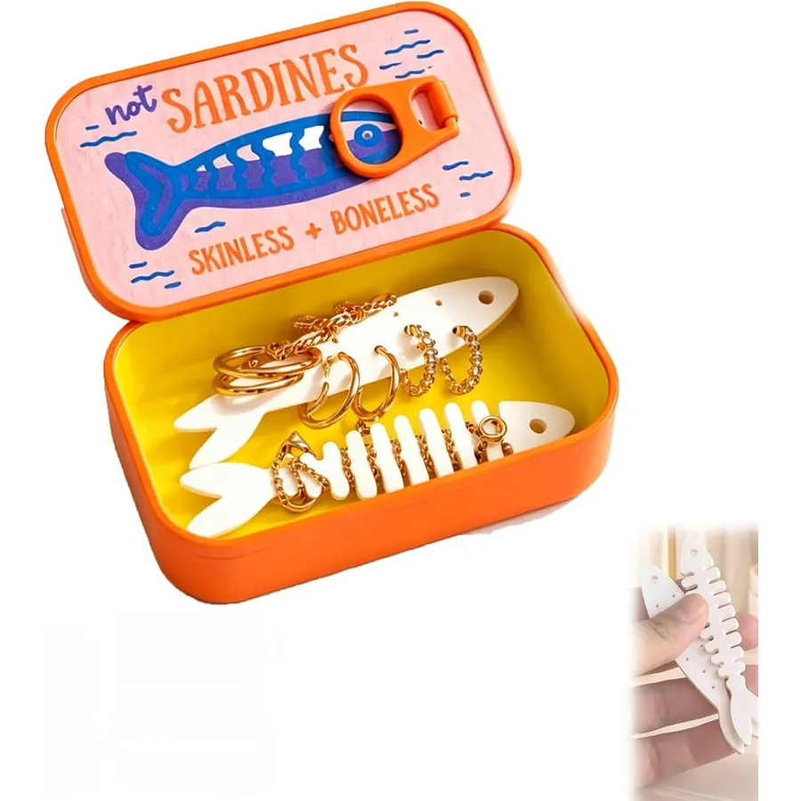 2026 NEW Sardines Travel Jewelry Case, Sardine Tin Jewelry Box, with Fish-Shaped Holders for Rings, Earrings and Charms, Portable Earring Organizer ，Whimsical Ocean Gift (Purple -1PCS)