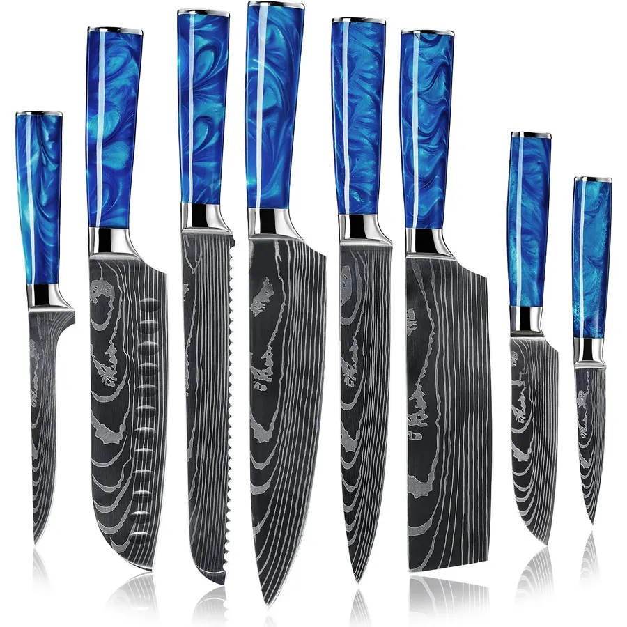 SENKEN 8-Piece Japanese Knife Set - Blue Resin Handle, Laser Damascus Blades - Chef's, Santoku, Bread & Paring Knives