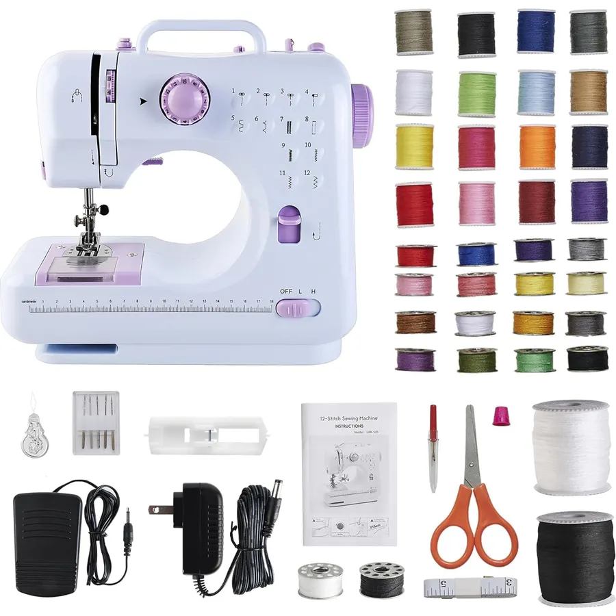 Sewing Machine for Beginners & Kids, Mini Portable Sewing Machines with 12 Built-in Stitch Patterns, 2-Speed Foot Pedal, Perfect for Teaching Daughter to Sew(with 27 Pieces Sewing Kit & Cover)