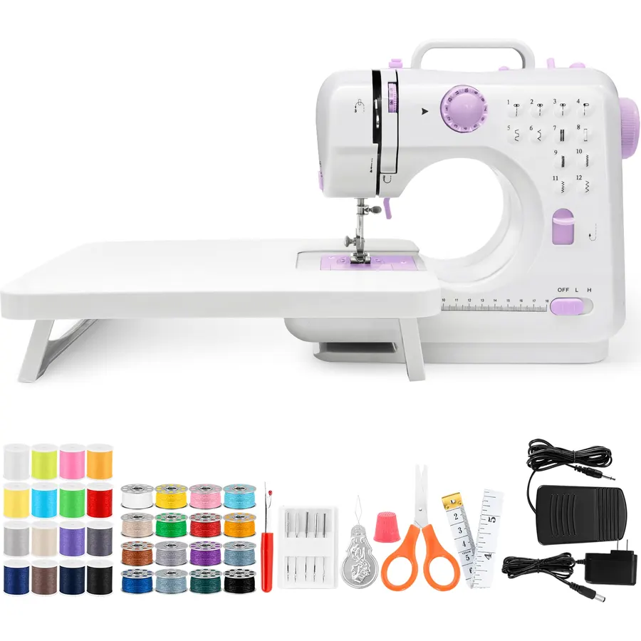 Sewing Machine with Extension Table, Mini Sewings Machines Portable Electric Sewing Machine, 12 Stitches Sewing Machines with LED Light, Sewings Accessory Kit, Ideal for Clothing, Pillowcases, Sheets