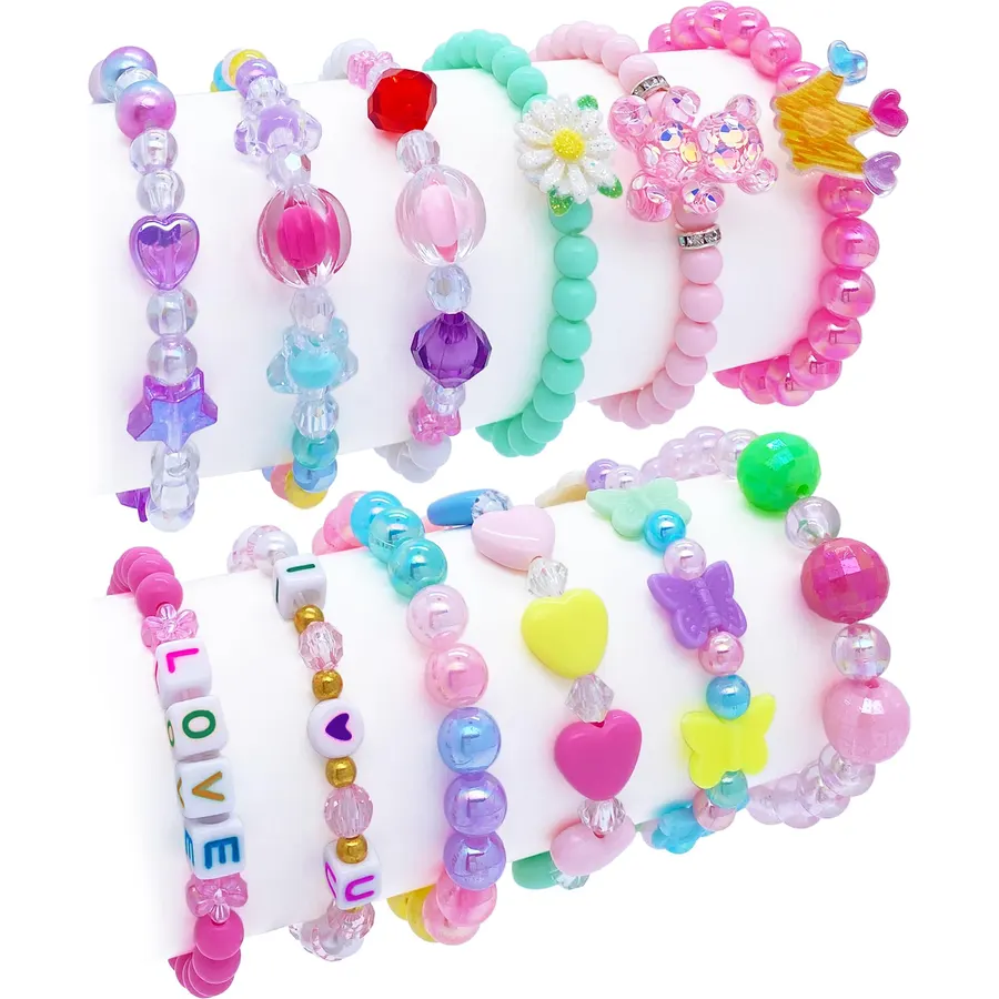 SIELEVIN 12 PCS Kids Bracelets for Girls Jewelry Little Girl Beaded Bracelets Flower Butterfly LOVE Letter Pink Princess Pretend Play Party Favor Easter Christmas Birthday Gift