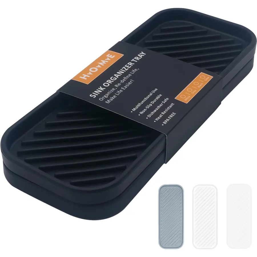 Silicone Organizer Tray, Soap and Sponge Holder for Kitchen Sink, Bathroom - Storage Tray for Dish Brush, Soap Dispenser, Dishwashing Accessories- 2 Pack (Black)