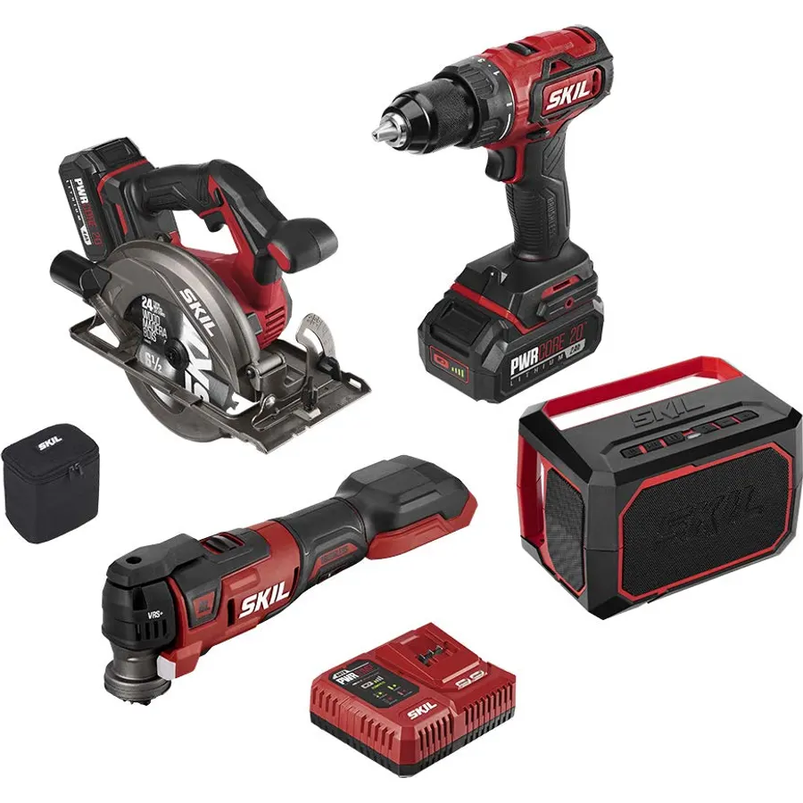 SKIL PWR CORE 20 Brushless 20V 4-Tool Combo Kit, Included 2.0Ah Lithium Battery, 4.0Ah Lithium Battery and PWR JUMP Charger - CB7440-21
