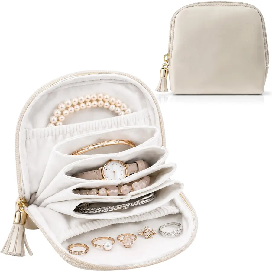 Travel Jewelry Case, Soft Velvet Organizer Pouch with 5 Compartments & Tassel Zipper, Anti-Scratch Jewelry Bag Storage Holder for Bangle Bracelets Earrings Necklace, Women Gifts