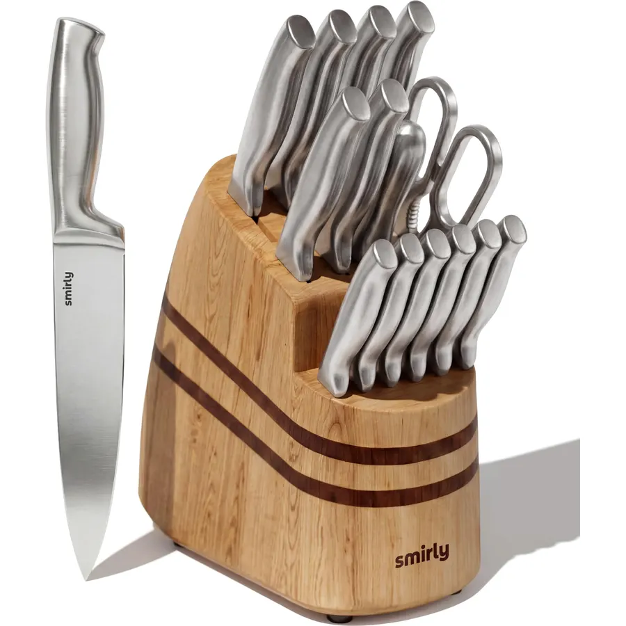 SMIRLY 15 Piece Knife Set with Block for Kitchen, Knife Block Set, Brown