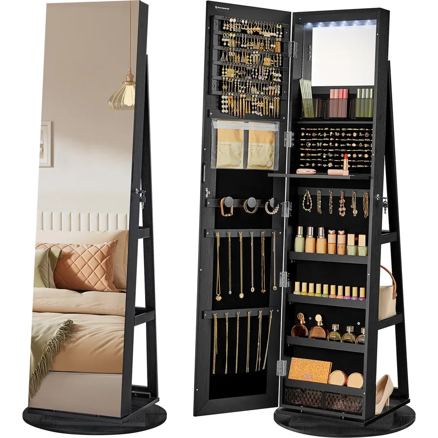 SONGMICS 6 LEDs Mirror Jewelry Cabinet Organizer, 360° Swivel, Lockable