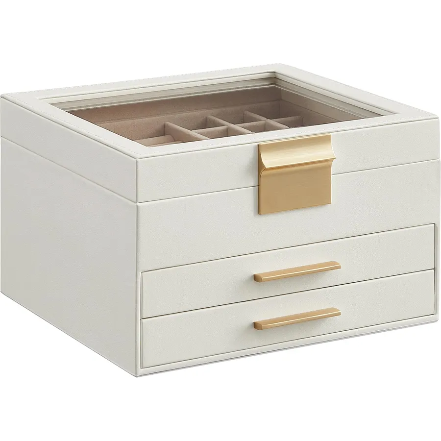 SONGMICS Jewelry Box Organizer, 3-Layer Storage with 2 Drawers, Glass Lid