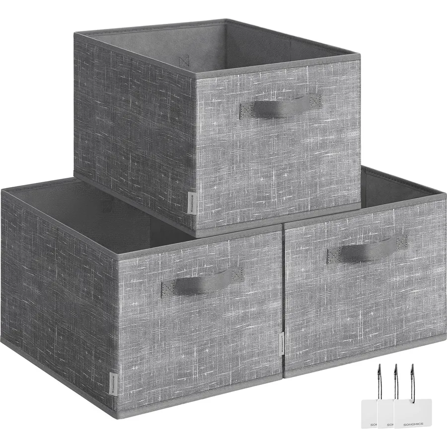 SONGMICS Storage Baskets, Set of 3, Foldable Closet Organizer for Shelves
