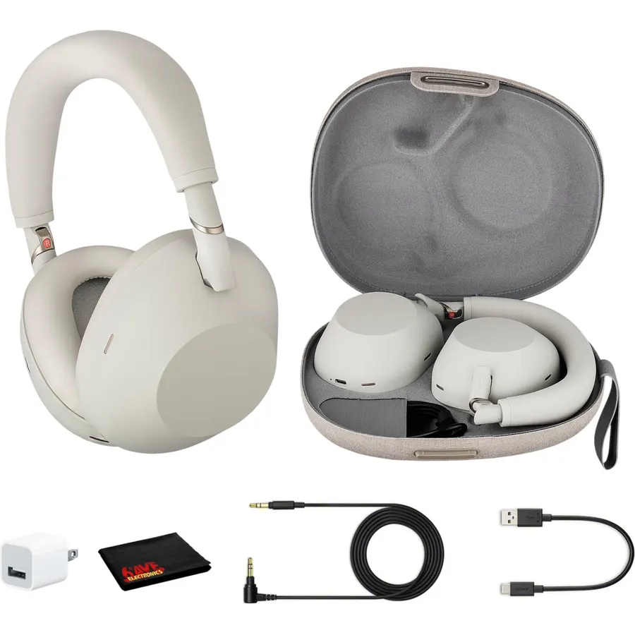 Sony WH-1000XM6 Wireless Noise Canceling Headphones (Silver) Foldable Over-Ear Bluetooth Headset | Hi-Res Audio, 30-Hour Battery, LDAC, Multipoint with USB Wall Adapter and Microfiber Cleaning Cloth