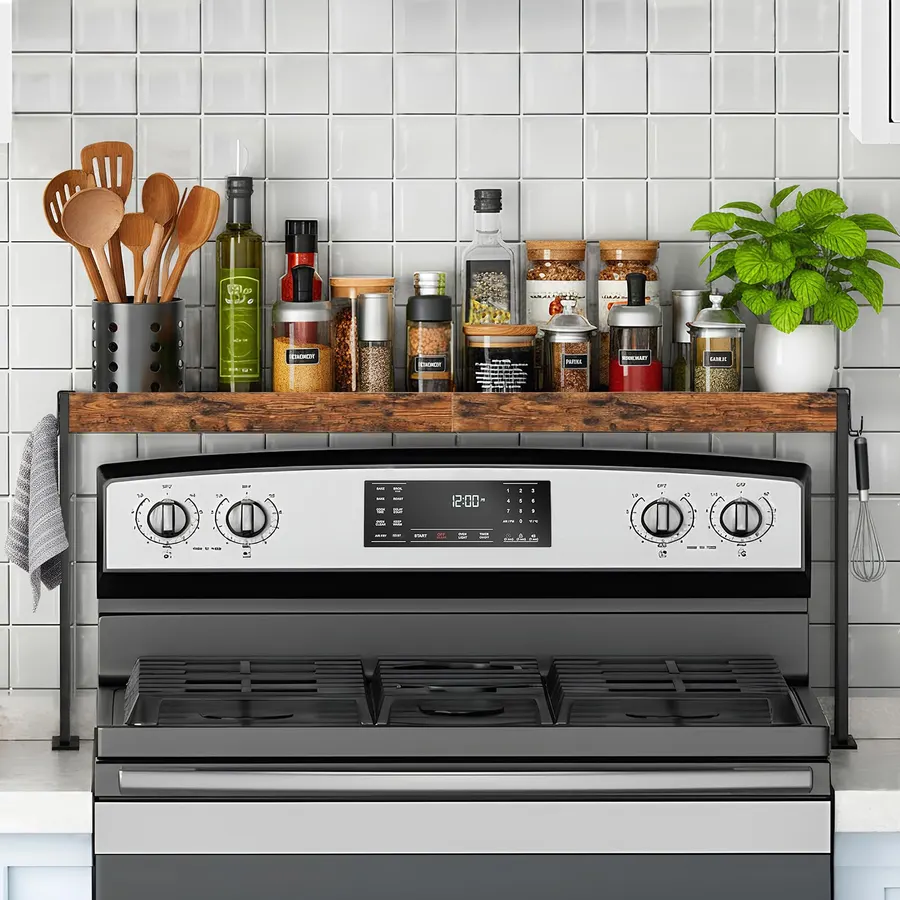 Spice Rack Shelf for 30-inch Kitchen Stove, Over the Stove Shelf with 4 Level Adjustable Height, Over Stove Spice Rack with 4 hooks, Rustic Brown + Black