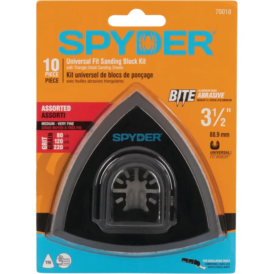 Spyder 10-Piece Detail Sanding Kit for Multi Oscillating Tool, 3.5-Inch Adapter Block and 80, 120, 220 Grit Sandpaper, Hook & Loop Back, Aluminum Oxide, 6 Dust Removal Holes, fits Mouse Sander (70018)