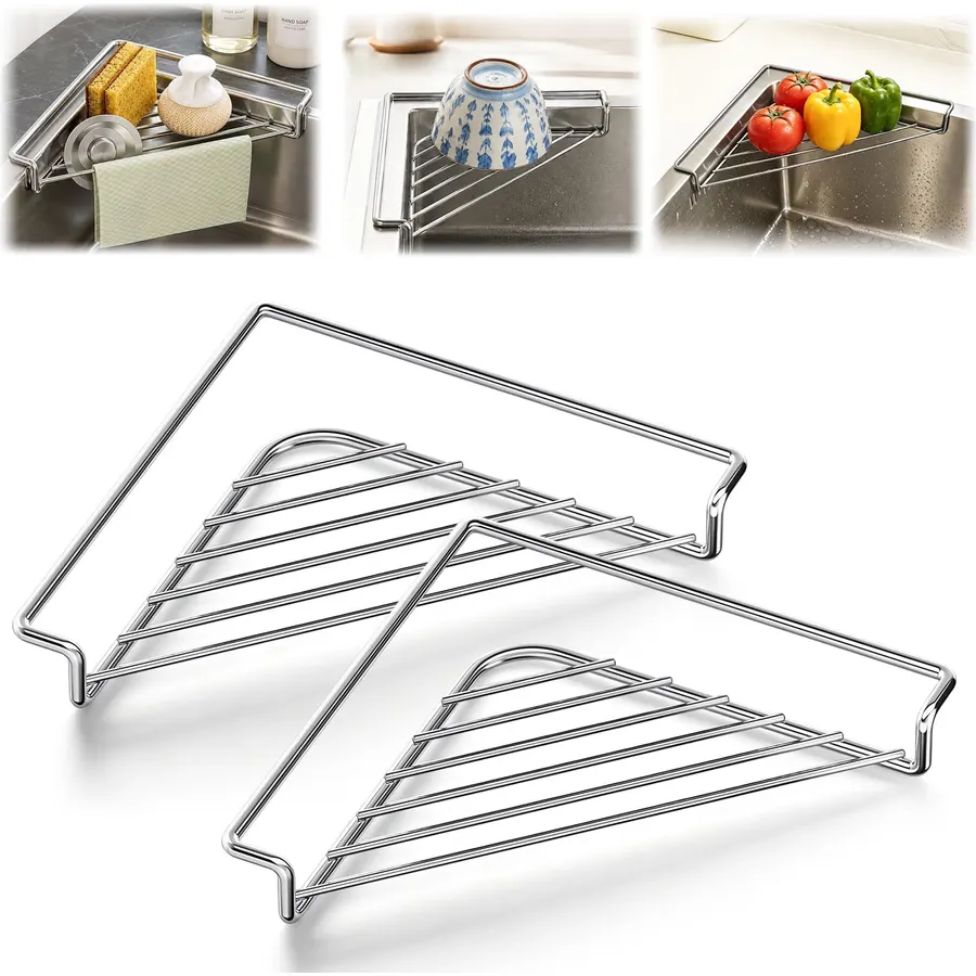 Stainless Steel Corner Sink Shelf with Triangular Open Wire Rack(2, Silver)