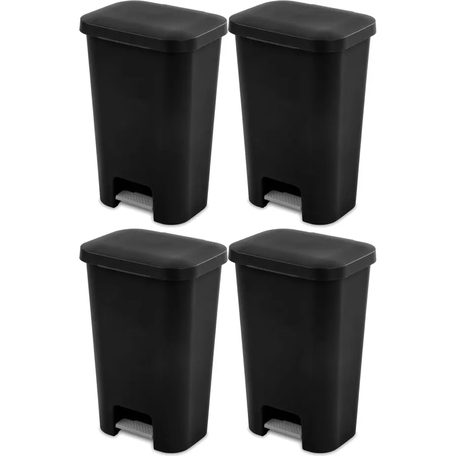 Sterilite Rectangular Step On Kitchen Wastebasket, 11.9 Gal, Black, 4 Pack