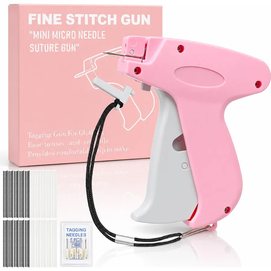 Stitch Gun for Clothes, Pink‑Gray Handheld Quick Clothing Fixer, Sewing Kit with 1000 Black & 1000 White Fasteners, 6 Needles, Tagging Gun for Clothing Repair & DIY
