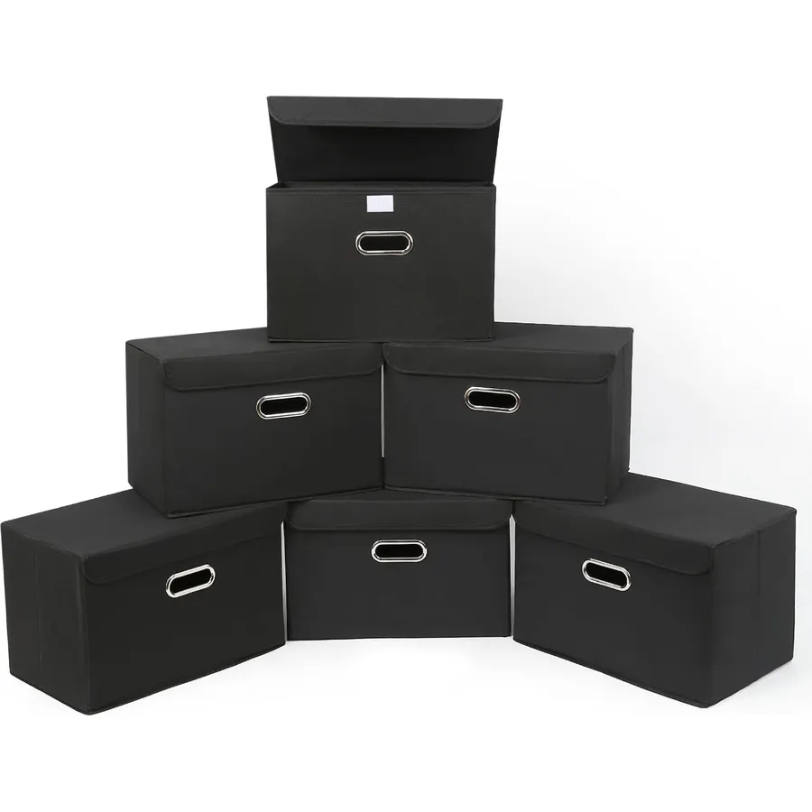 STOREONE Fabric Storage Cube Bins Foldable Organizer Container Collapsible Basket with Lids and Metal Handles, for Home, Bedroom, Closet 6 Pcs (Black)