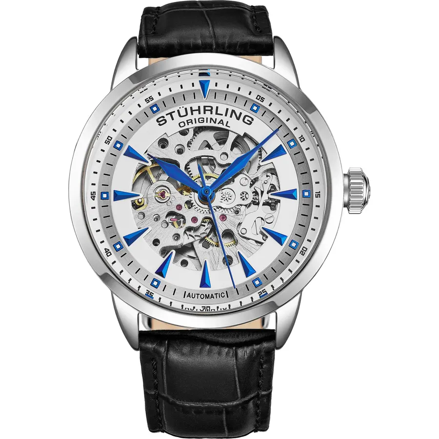 Stuhrling Original Mens Skeleton Automatic Dress Watch with Alligator Embossed Leather Strap Skeleton Dial