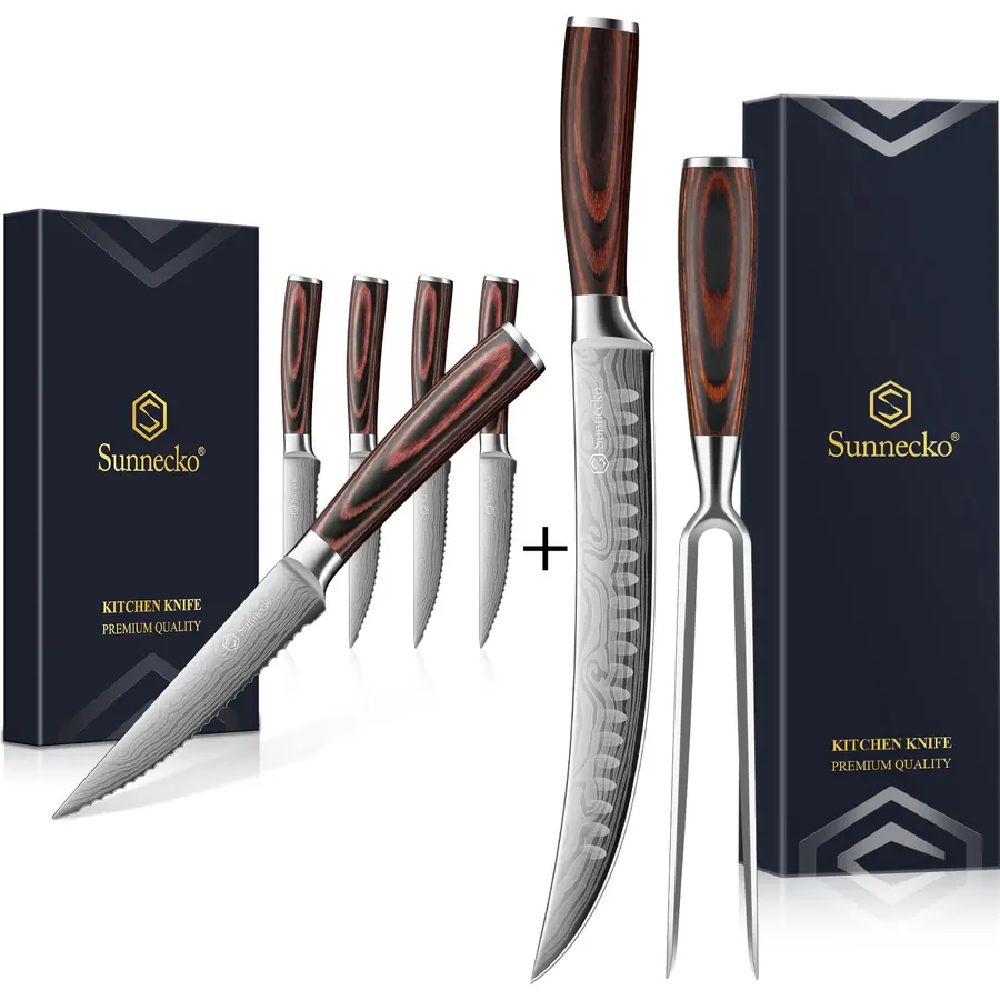 Sunnecko 4PCS Steak Knife Set with Butcher Knife and Fork