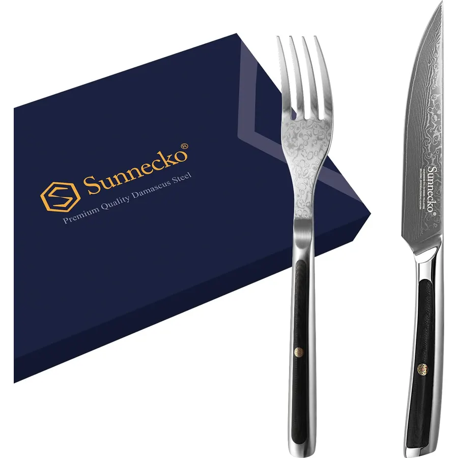 Sunnecko Damascus Steak Knife Set Non Serrated, Japanese VG10 Stainless Steel Steak Knife and Fork Set of 2, 5 Inch Steak Knives G10 Handle with Gift Box
