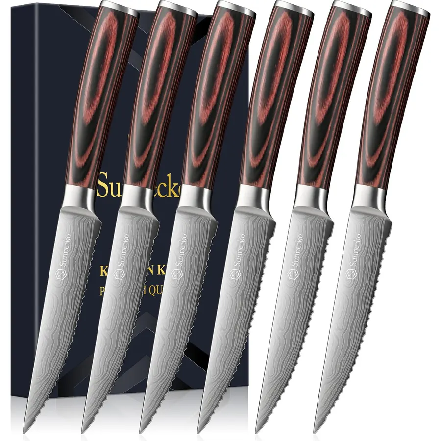 Sunnecko Steak Knife Set of 6, Serrated Dinner Knife for Meat with Gift Box