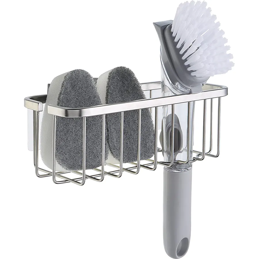 SunnyPoint NeverRust Deluxe Kitchen & Bathroom Sink Sponge Holder Organizer with Adhesive Mount - Additional Suction Cup Included – Sponge & Brush NOT Included – 7.4 x 3.3 x 2.75 Inch