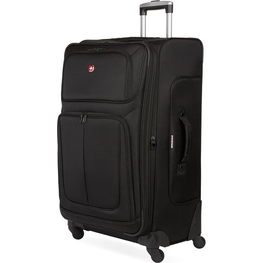 SwissGear Sion Softside Expandable Spinner Luggage Durable Lightweight Travel Suitcase, Black, Checked-Large