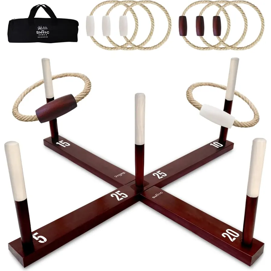 Swooc Games - Rustic Ring Toss Game (All Weather) - Easy Setup & Extra Games Included - Ring Toss Game for Adults - Outdoor Activities for Adults - Yard Toys for Kids - Backyard Fun - Outdoor Party