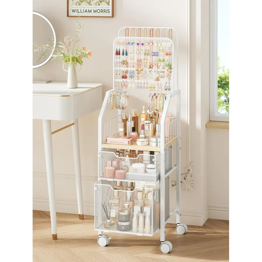 SWTYMIKI Rolling Jewelry Organizer Stand, Metal Jewelry Display Storage Holder with Large Capacity Drawer & Wheel, 35 lb Weight Capacity, Stores Necklace, Earring & Bracelet