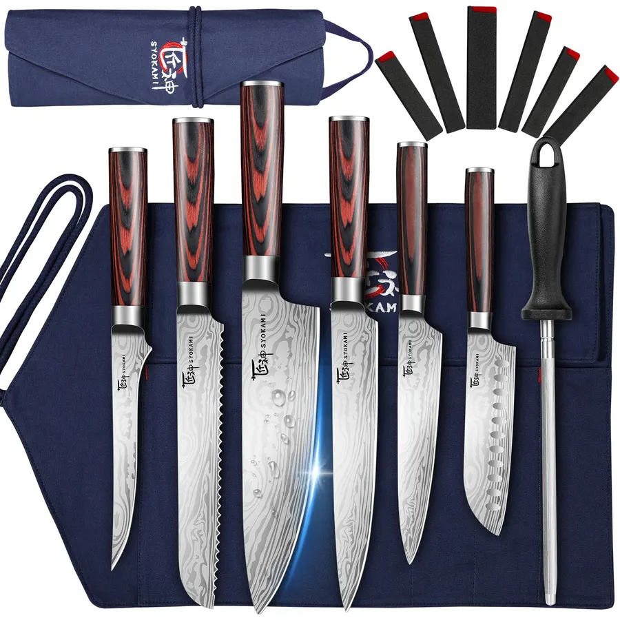 SYOKAMI 14pcs Chef Knife Set with Roll Bag, Professional Stainless Steel Japanese Knife Set with Pakkawood Handle for Professional Chef, Camping, Travel, BBQ, RV or Gift
