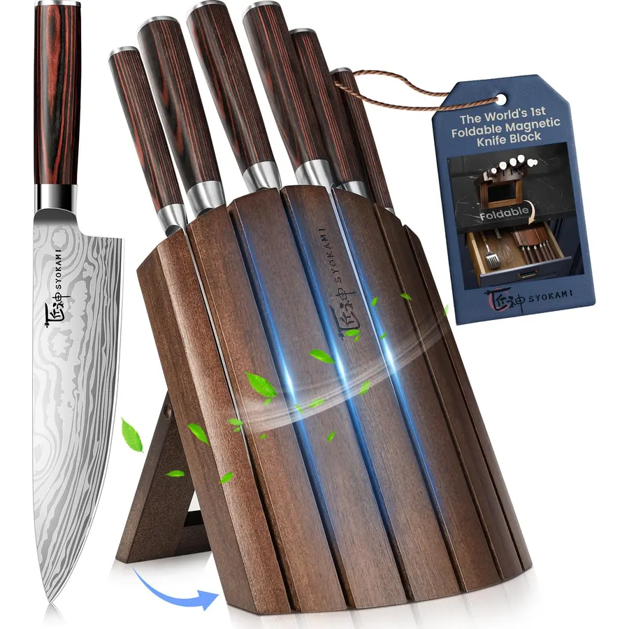 SYOKAMI 2026 Upgrade Kitchen Knife Set, Foldable Magnetic Rubber Wood Block