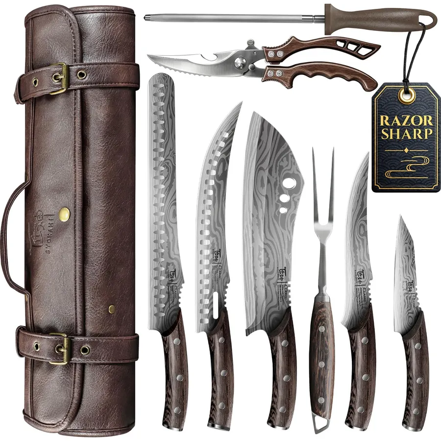 SYOKAMI 9-Piece Butcher Knife Set for Meat Processing with Leather Roll