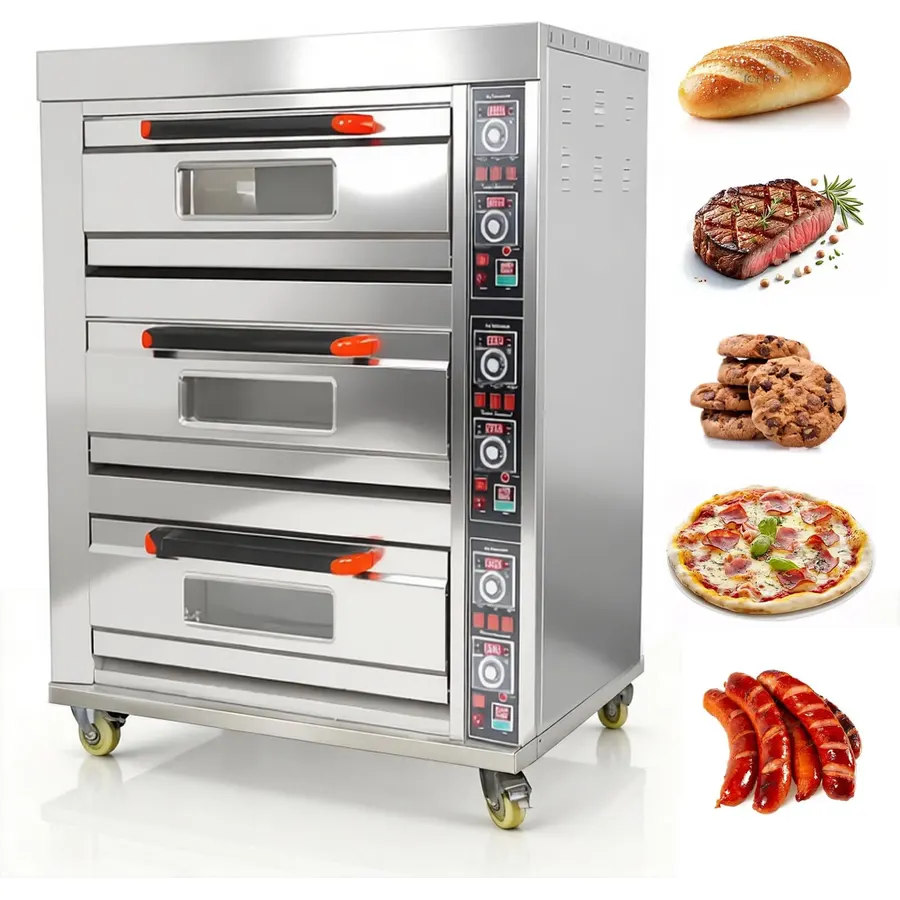 TECHTONGDA Commercial Convection Oven Stainless Steel Electric Triple Deck Pizza Oven with Universal Wheels Three-phase 208V 19800Watt for Restaurant Kitchen Bakery