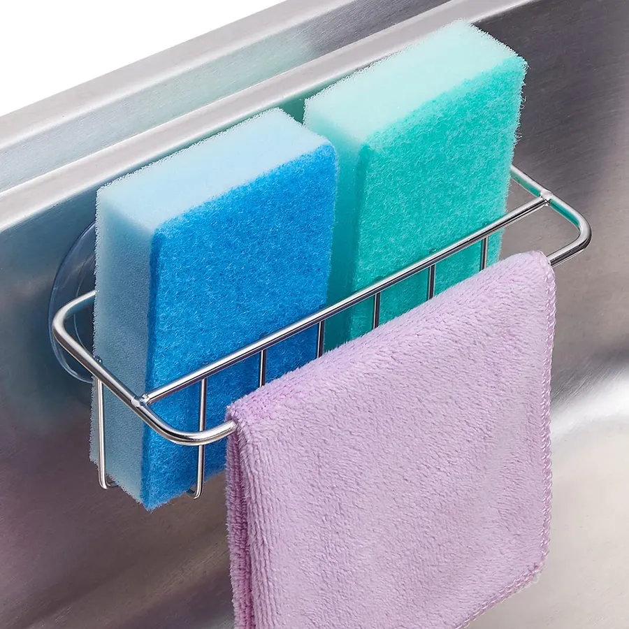 TESOT Sink Caddy Sponge Holder for Kitchen Sink 2 Suspension Options(Suction Cups and Adhesive Hook), SUS304 Stainless Steel, Silver