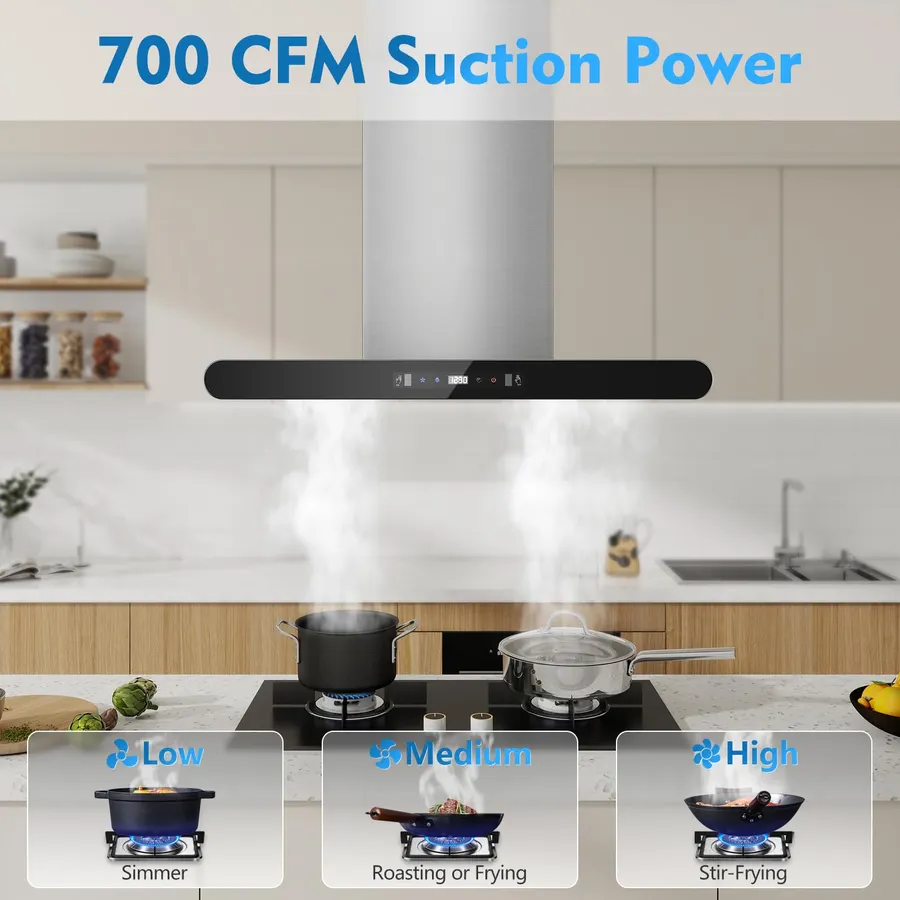 VIKIO HOME Island Range Hood 1200 CFM, 30 Inch Stainless Steel Ducted Island Mount Range Hood, Gesture Sensing & Touch Control, 3-Speed Fan