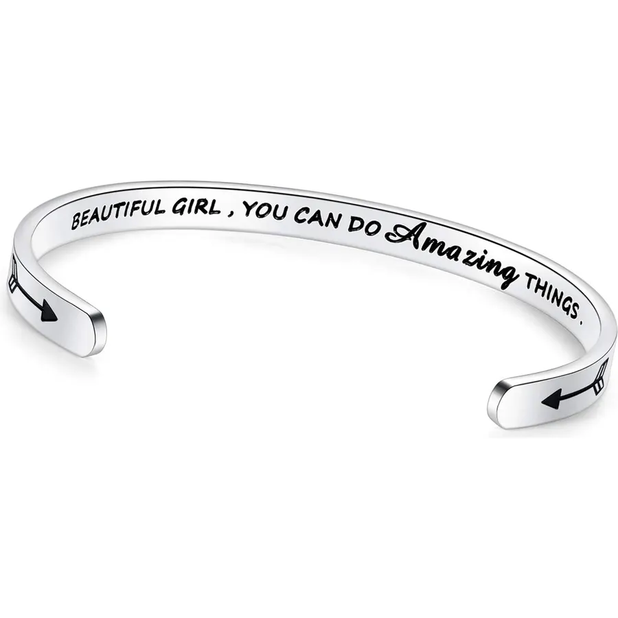 TONY & SANDY Inspirational Bracelets for Women Teen Girls Personalized Gifts for Daughter Granddaughter Mom Sister Friends Stainless Steel Engraved Cuff Birthday Easter Christmas