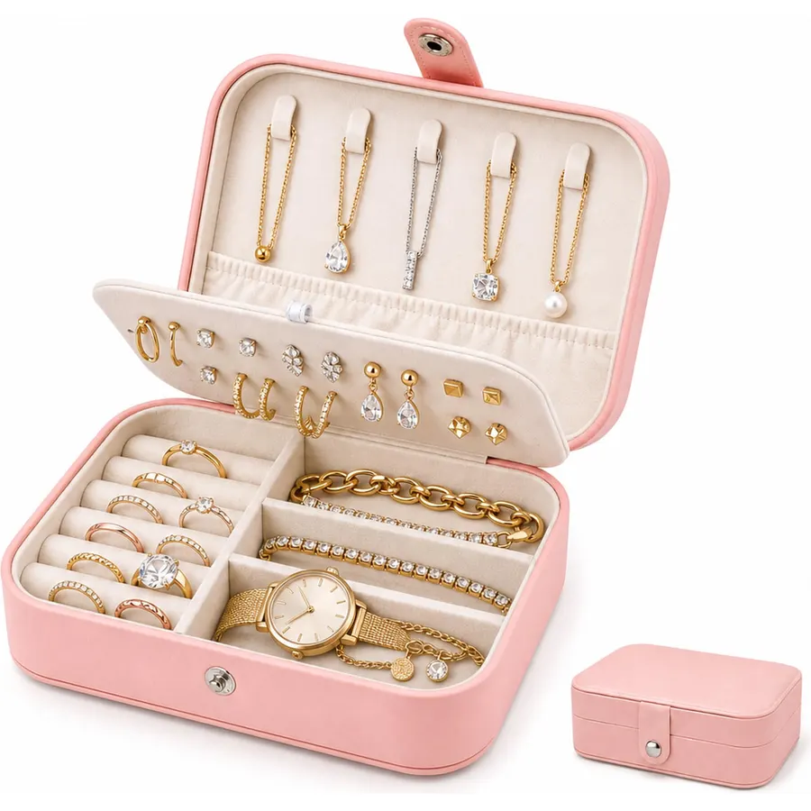 Large Jewelry Travel Box with 12 Velvet Jewelry Pouches, Portable Travel Jewelry Case for Women, PU Leather Jewelry Box Organizer for Necklace, Rings, Earrings, Bracelets (Black)