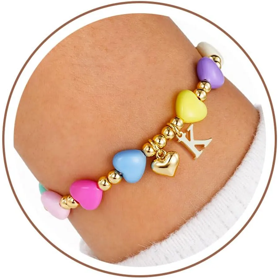 Turandoss Colorful Heart Initial Bracelet, Letter A-Z Bracelets Girls Gifts