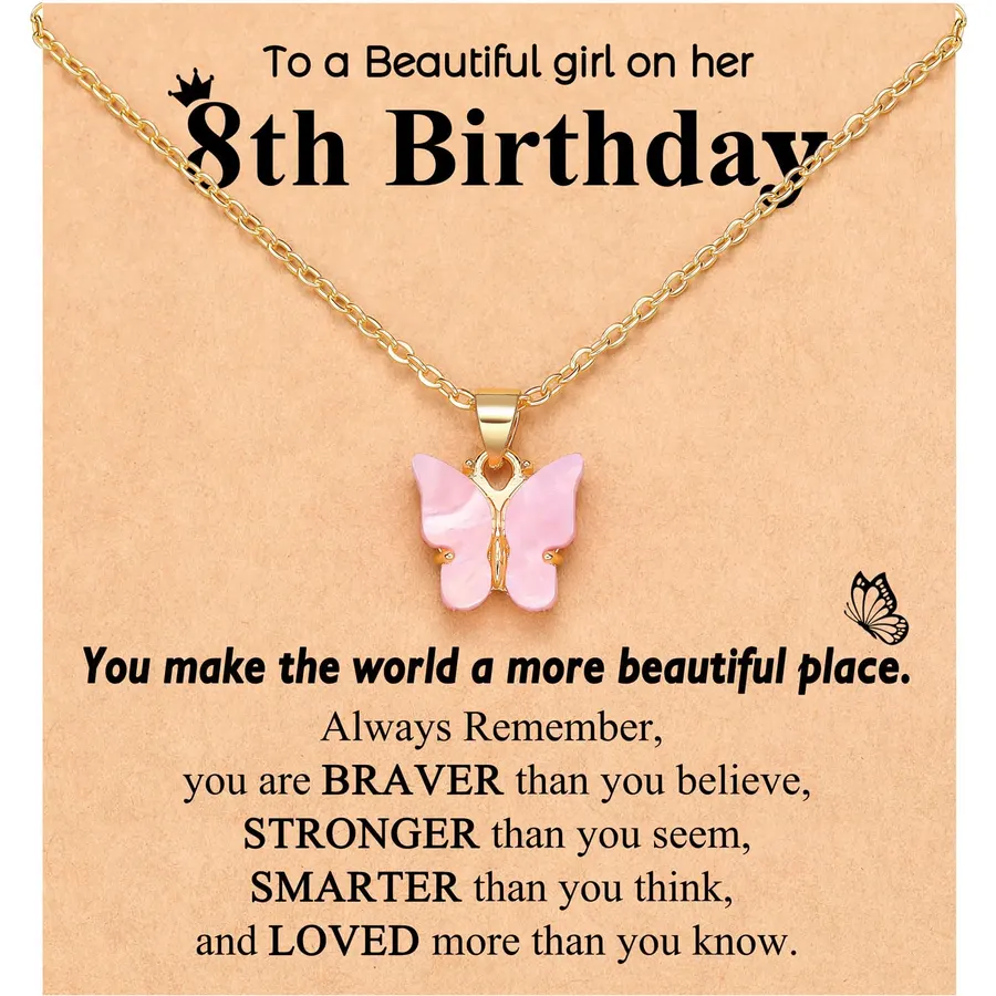 UNGENT THEM Pink Butterfly Necklace-Birthday Gifts for 5-11 Year Old Girl