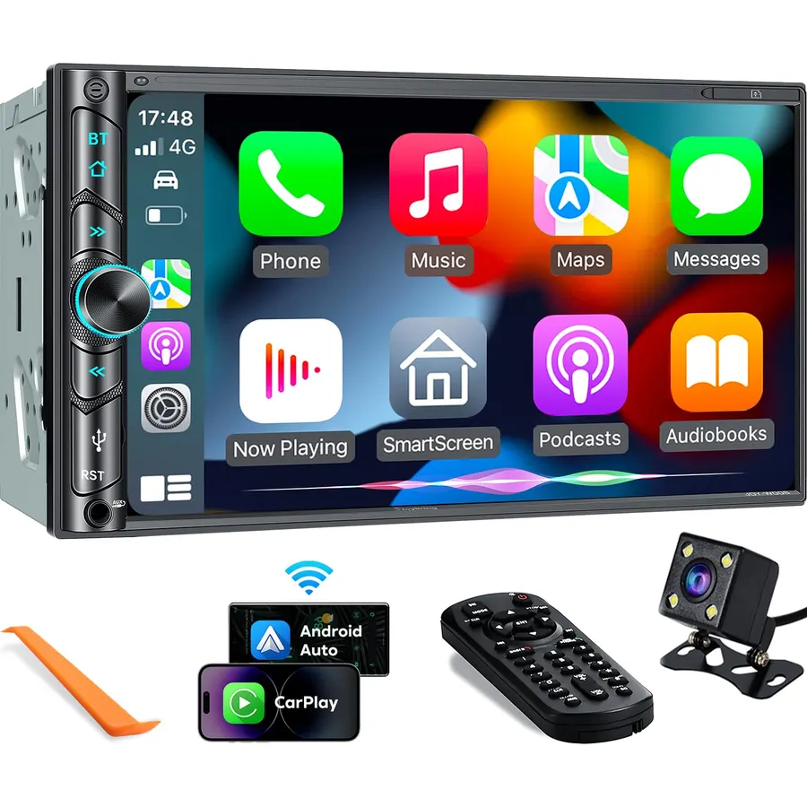 SJoyBring [QLED Screen Upgrade] 7" Double Din Car Stereo with Dash Cam, Wireless Apple CarPlay and Android Auto, Bluetooth, 240W 4.2-Channel Audio Output, MirrorLink, Backup Camera, AM/FM Car Radio