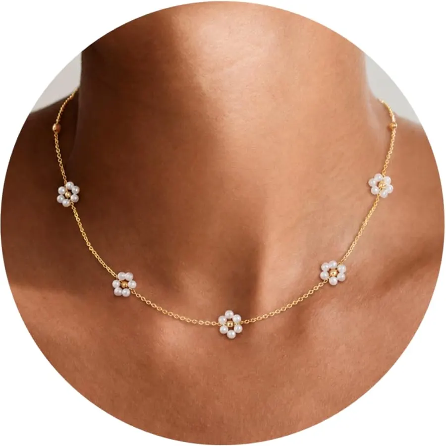 Ursteel 14K-Gold-Plated Necklace for Women Girls, Cute Daisy Pearl Necklace for Girls Clover Butterfly Cubic Zirconia Flower Evil Eye Station Necklaces for Women Teen Girl Gifts