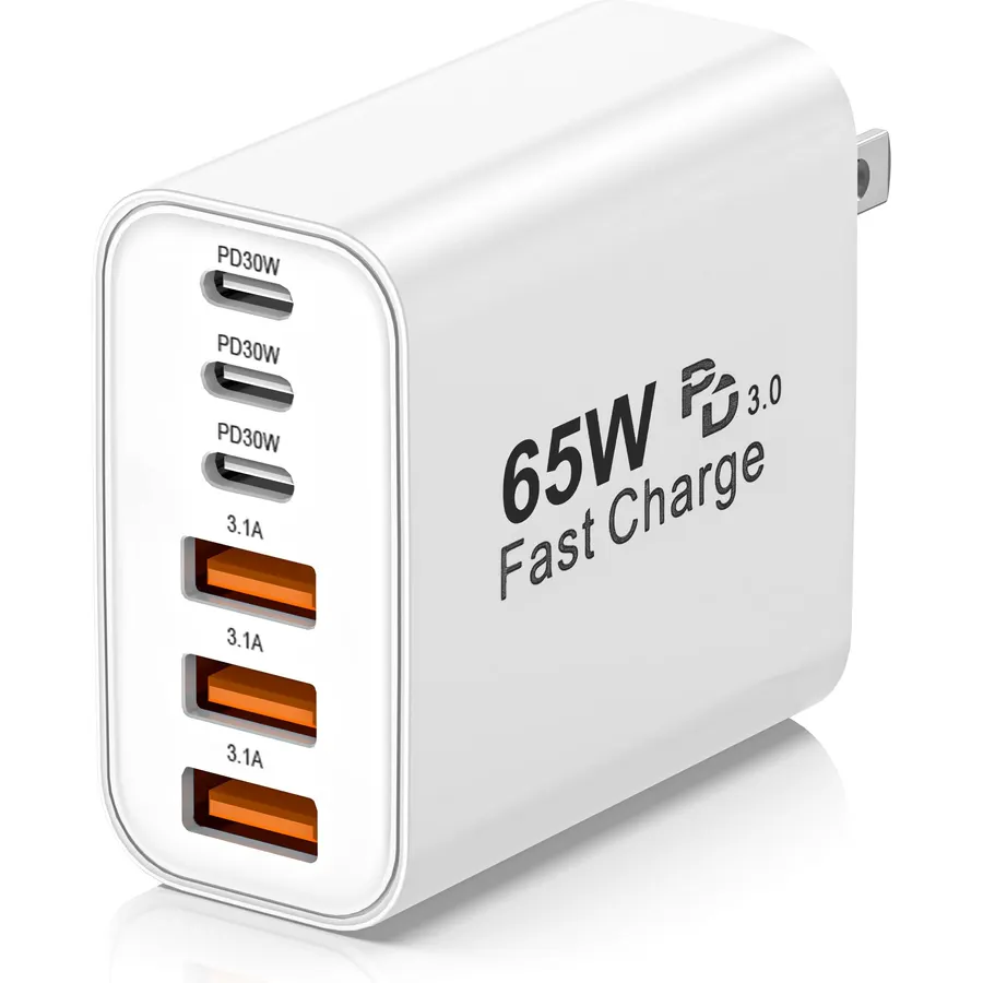 USB C Charger Block,65W 6-Port Multi Device Fast Charger PD QC Wall Adapter