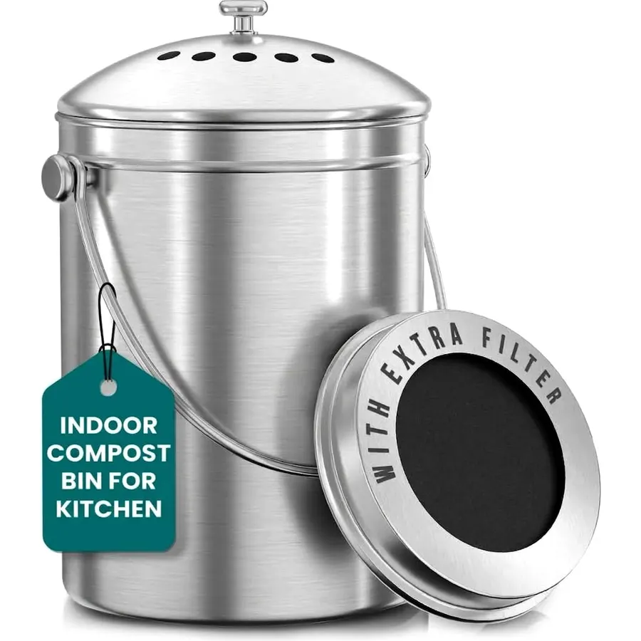 Utopia Kitchen Countertop Compost Bin 1.3 Gallon, Stainless Steel, Silver
