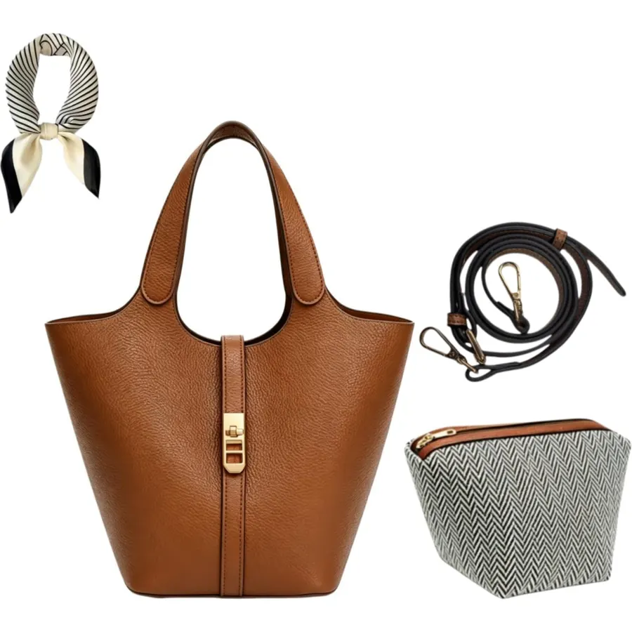 Vegan Leather Bucket Bag with Detachable Crossbody Purse for Work Daily