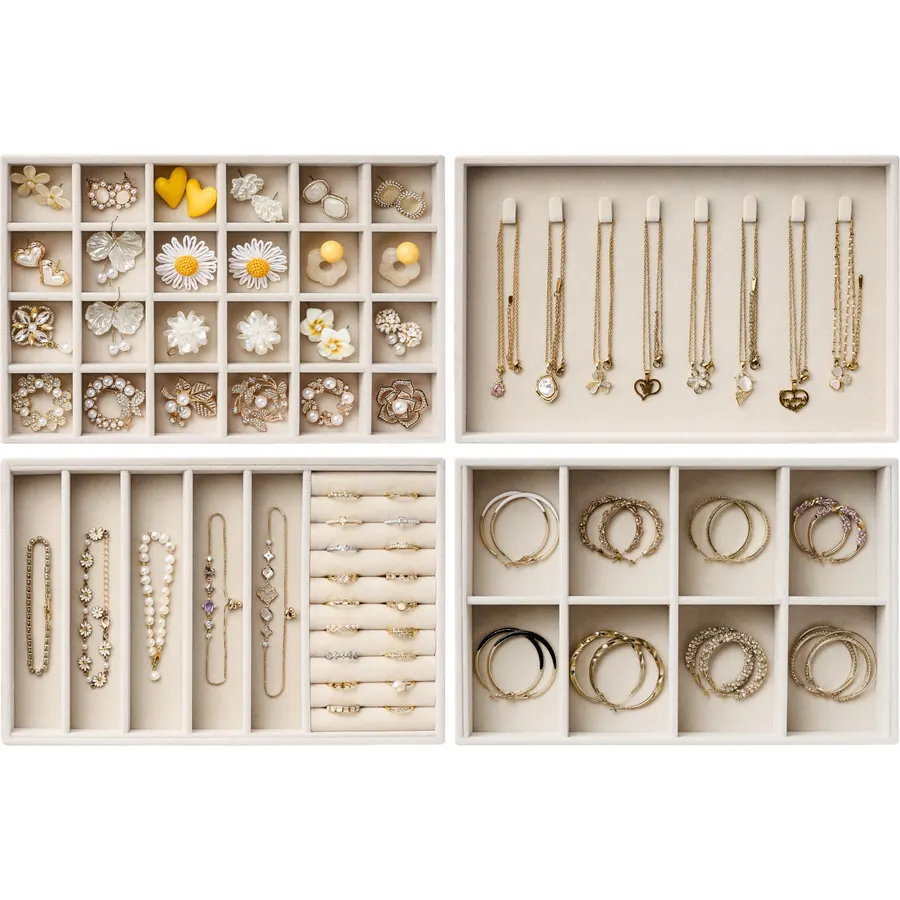 Velvet Jewelry Drawer Organizer Trays – Large Beige Stackable Jewelry Storage Inserts Set, 4-Layer Jewelry Tray Set for Earrings, Rings, Necklaces, Bracelets with Removable Dividers for Dresser,Vanity
