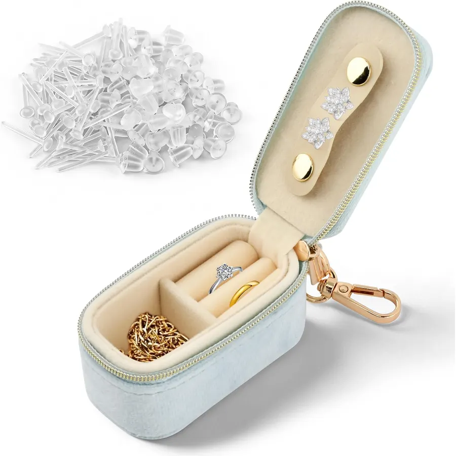 Velvet Mini Jewelry Travel Case, Ring Holder Keychain + 50 Earring Backs
