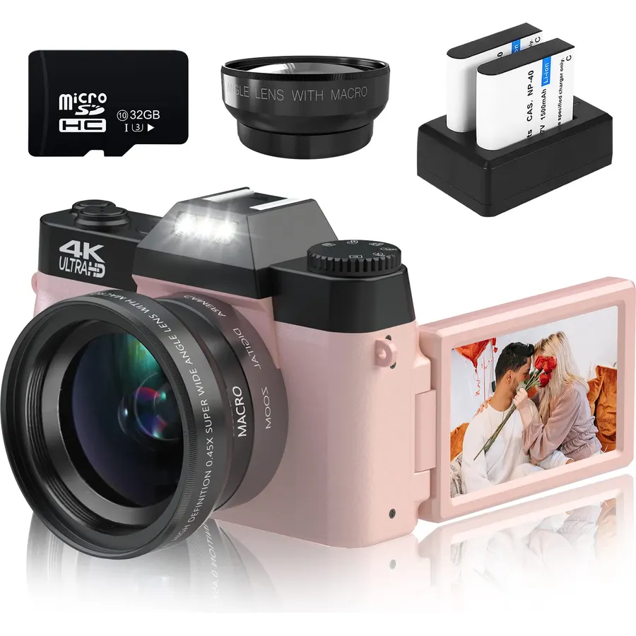5K&64MP Digital Cameras for Photography, 16X Zoom, WiFi, 180° Flip Screen, Autofocus, Anti-Shake, Wide-Angle & Macro Lens, Built-in Fill Light, PU Leather Case, 64GB Card & 2 Batteries (Black)